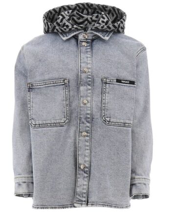 Versace Denimjakke    Hætte Blue Medium    Gråmeleret Sort