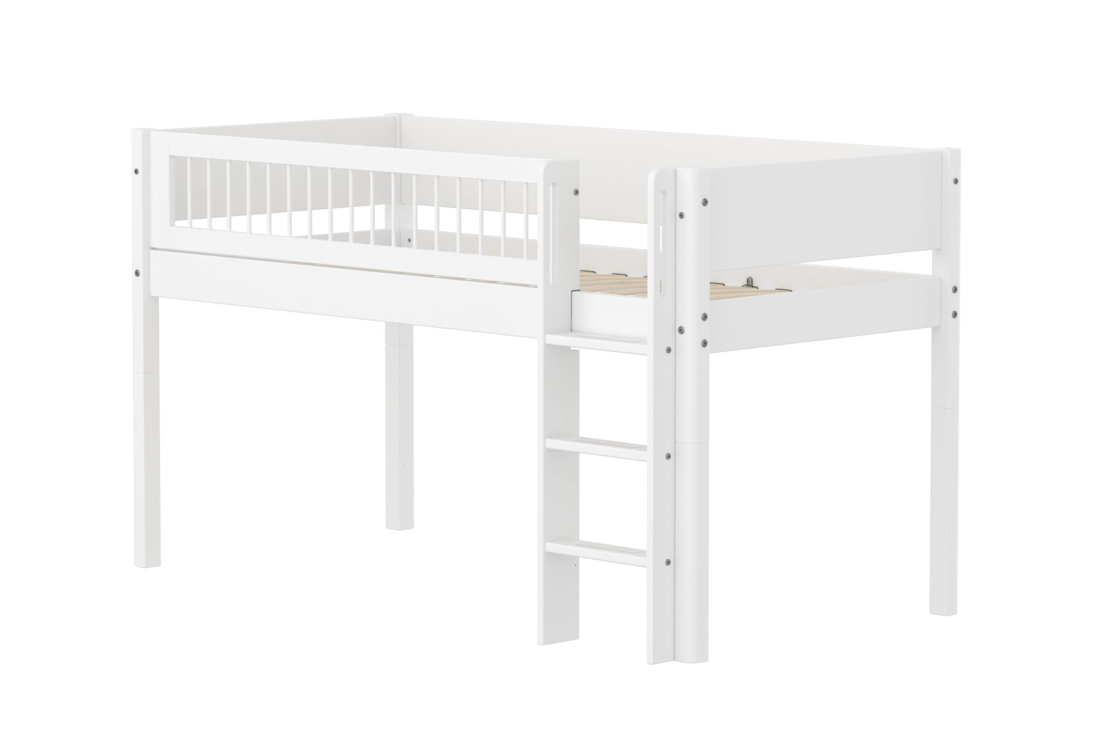 Flexa White Halvhøj Seng 120 Cm Med Stige Og Crossbar Sengehest 90x200 Cm Hvid
