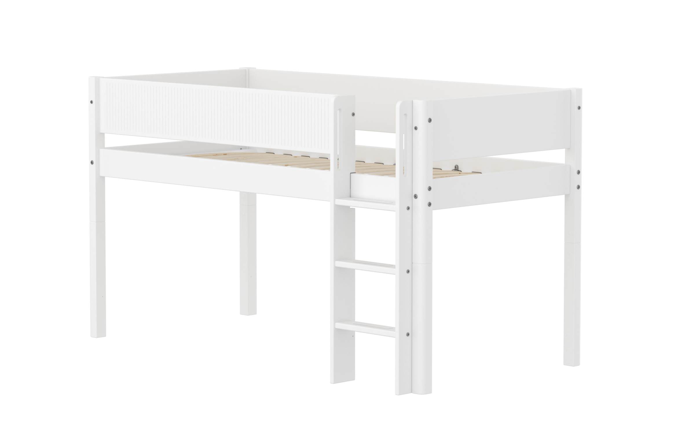 Flexa White Halvhøj Seng 120 Cm Med Stige Og Grooves Sengehest 90x200 Cm Hvid