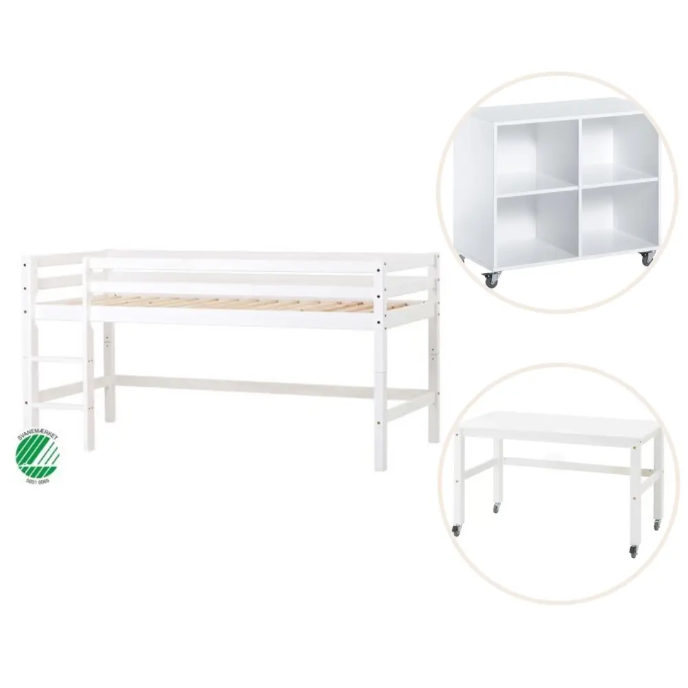 Eco Dream Halvhøj Seng  Delbar  Hvid  Med Rumdeler Og Skrivebord